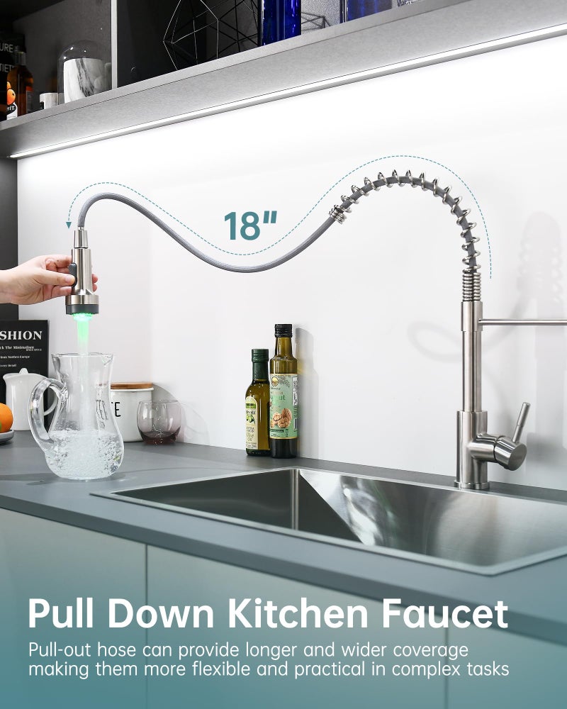 GIMILI LED Kitchen Faucet with Soap Dispenser, Modern Single Handle Spring Kitchen Sink Faucets with Pull Down Sprayer - Image 5